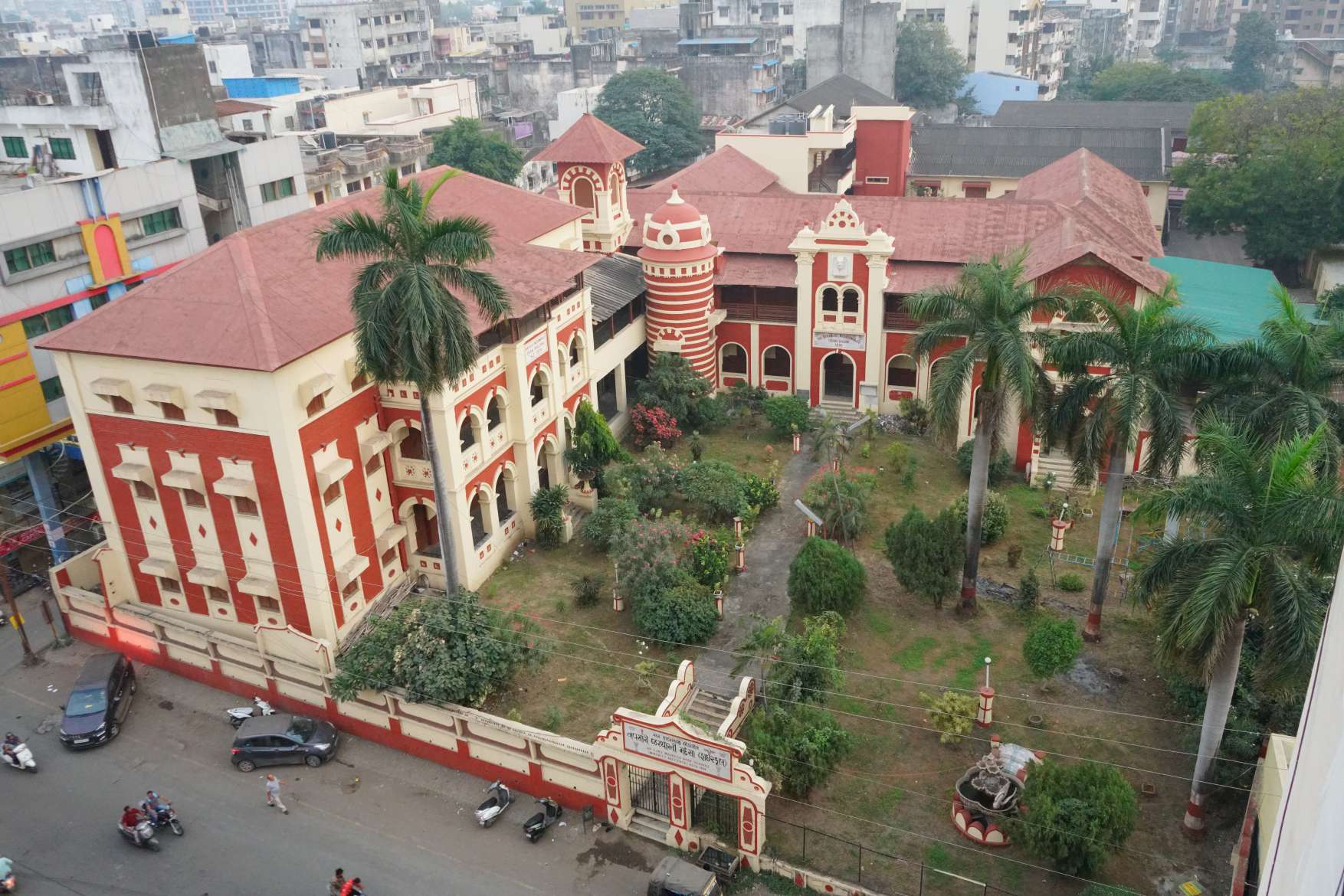 Aerial view of the historic Sir C.J.N.Z. Madresa (Parsi) High School campus in Navsari